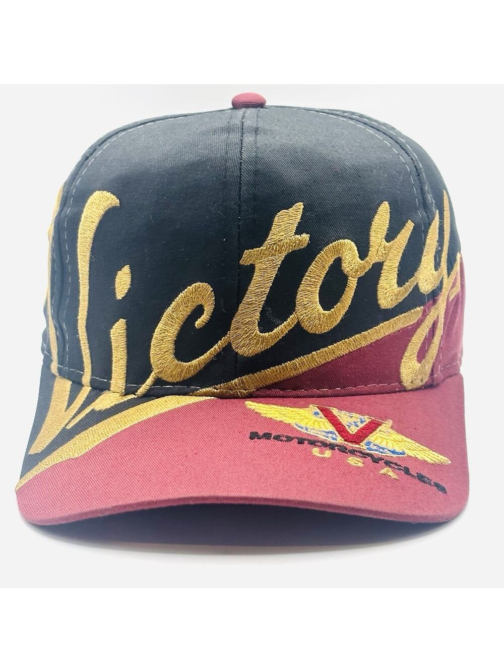 Vintage Victory Motorcycles Polaris Black Snapback Hat Embroidered AOP Script